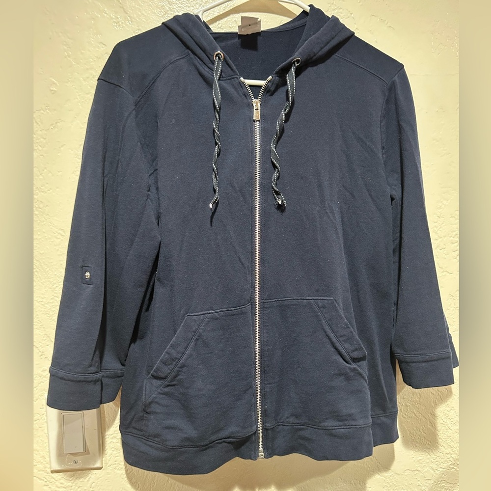 Chicos size 2 navy zip‎ up hoodie jacket 3/4 sleeves with button